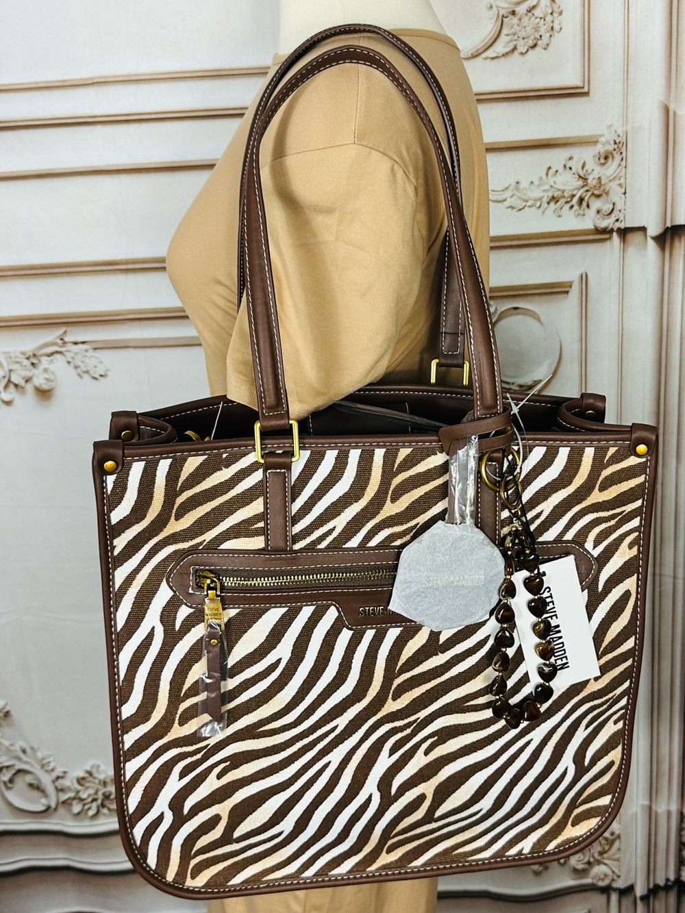 Steve Madden Brown and White Zebra-Print Tote with Charm